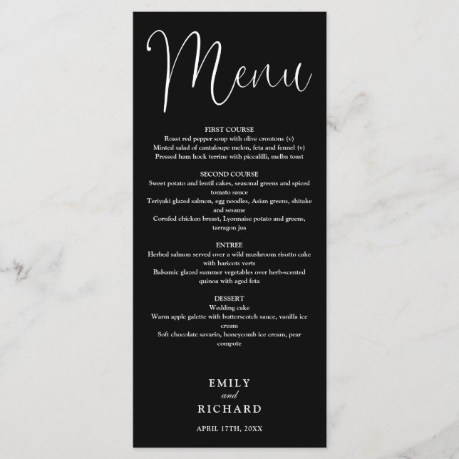Black And White Calligraphy Script Wedding Menu (Front)