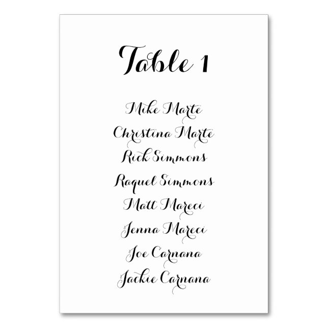 Black and White Calligraphy Seating Chart Card (Front)