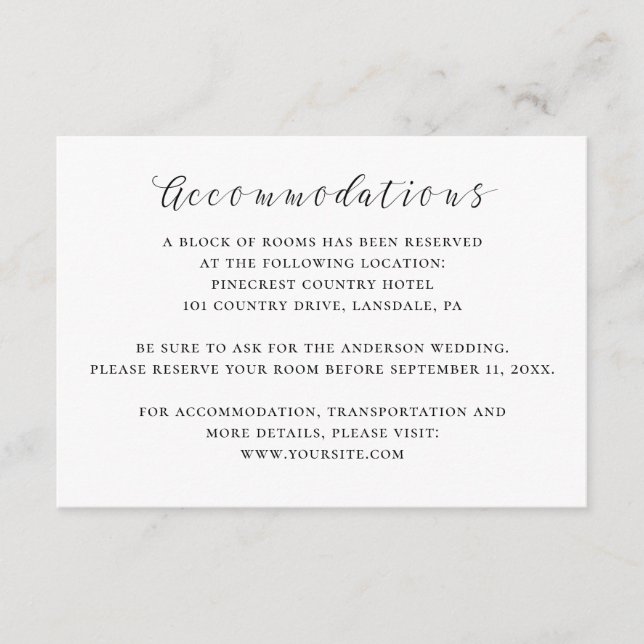 Black and white calligraphy wedding accommodations enclosure card (Front)