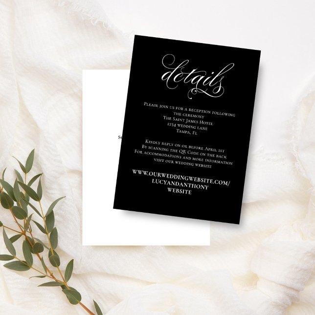 Black and White Calligraphy Wedding Details  Enclosure Card (Black and White calligraphy script enclosure card with scannable QR Code. )