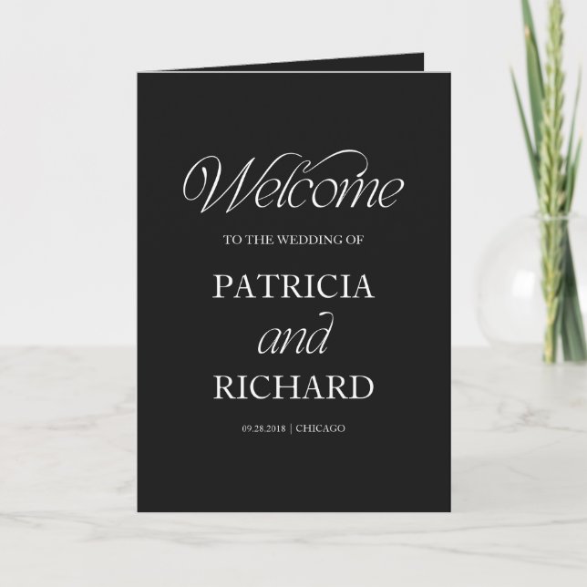 Black And White Calligraphy Wedding Folded Program (Front)