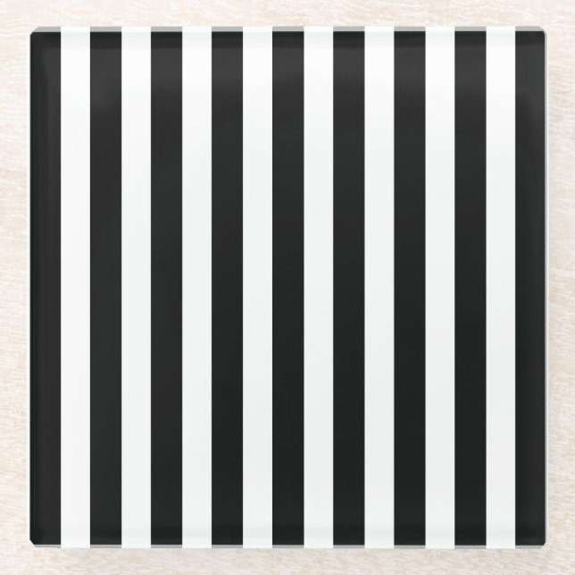 Black and white candy stripes glass coaster (Front)
