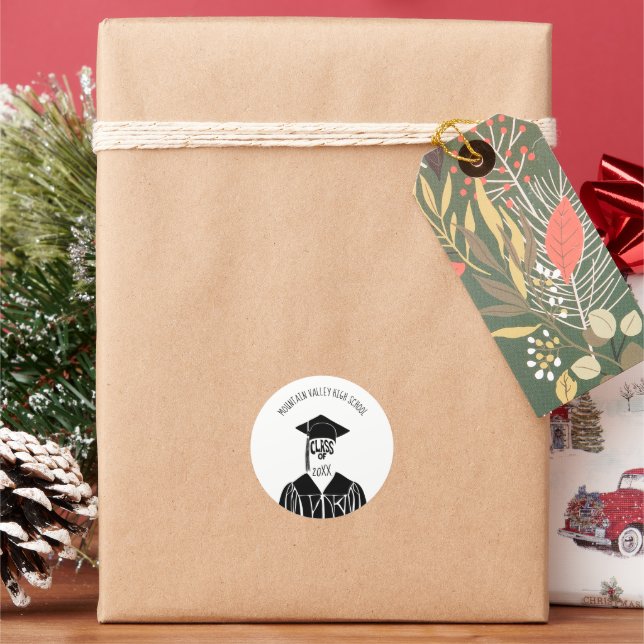 Black and White Cap and Gown Graduation Classic Round Sticker (Holiday)