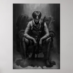 Black And White Capten Levi With The Gun Poster