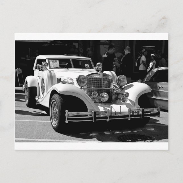 Black and white card of retro car Excalibur (Front)