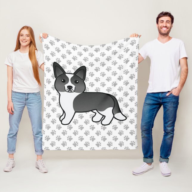 Black And White Cardigan Welsh Corgi Cartoon Dog Fleece Blanket (In Situ)