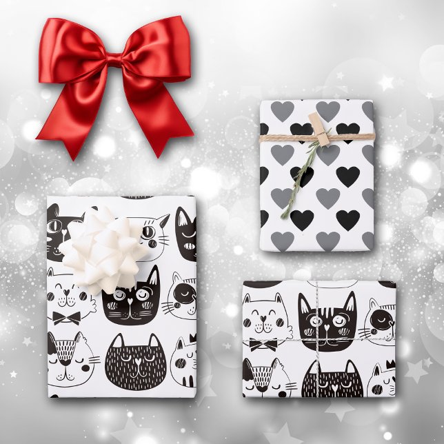 Black and White Cartoon Cat Faces and Hearts Wrapping Paper Sheet (Creator Uploaded)