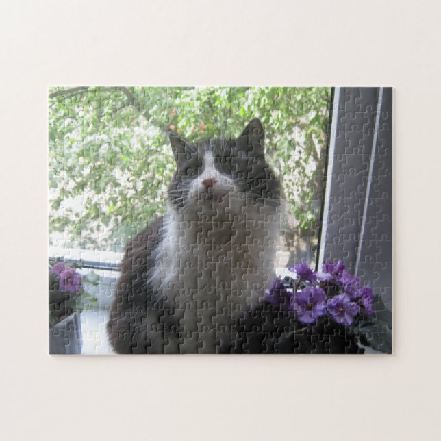 Black and white cat and flowers. jigsaw puzzle (Horizontal)