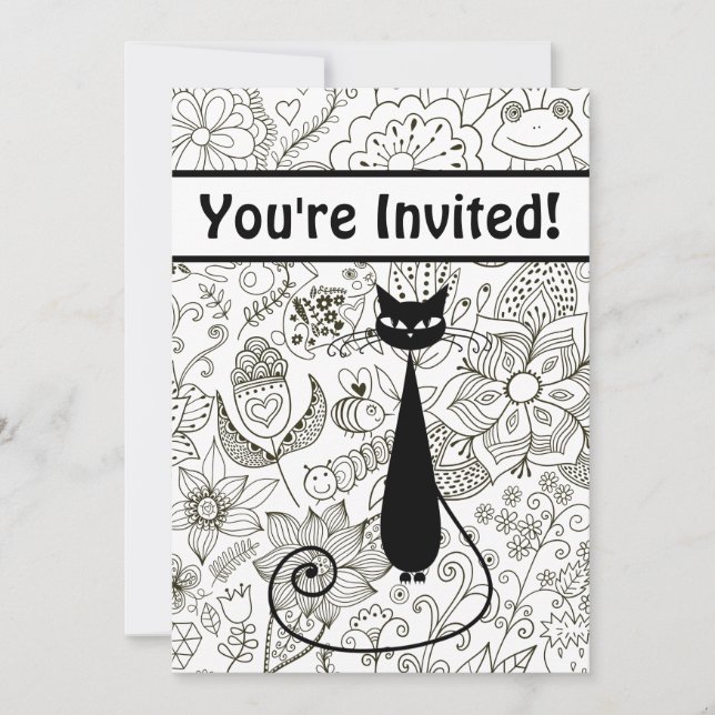 Black and White Cat and Garden Birthday Invitation (Front)
