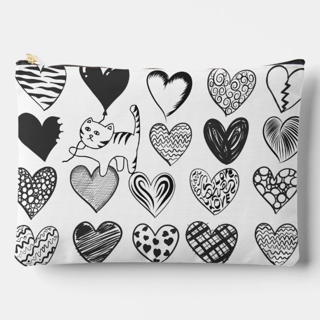 Black and White Cat and Heart Pattern Accessory Pouch (Front)