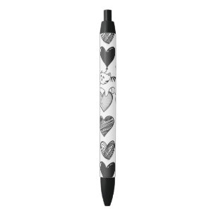 Black and White Cat and Heart Pattern Black Ink Pen