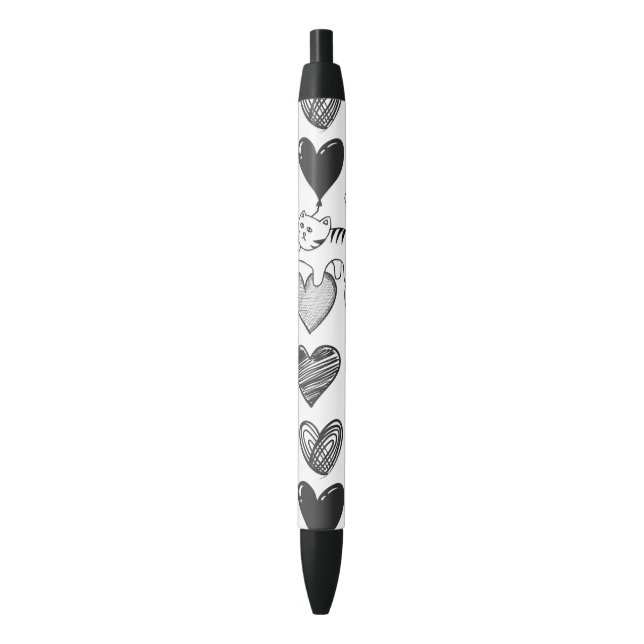 Black and White Cat and Heart Pattern Black Ink Pen (Front Vertical)
