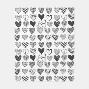 Black and White Cat and Heart Pattern Fleece Blanket