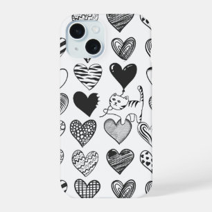 Black and White Cat and Heart Pattern iPhone 15 Case