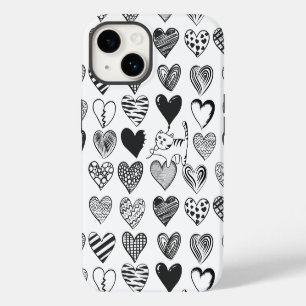 Black and White Cat and Heart Pattern iPhone 14 Case