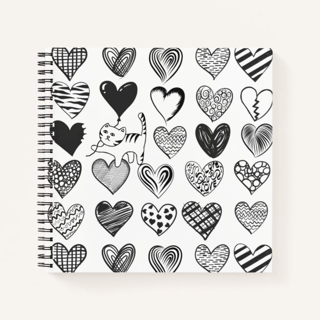 Black and White Cat and Heart Pattern Notebook (Front)