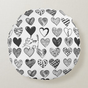 Black and White Cat and Heart Pattern Round Cushion