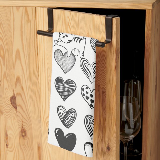 Black and White Cat and Heart Pattern Tea Towel (Thirds Fold)