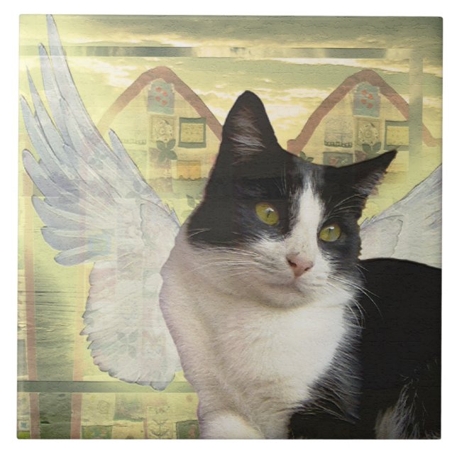 black and white cat angel wings vintage style art ceramic tile (Front)
