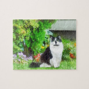 Black and White Cat by Flowers Jigsaw Puzzle