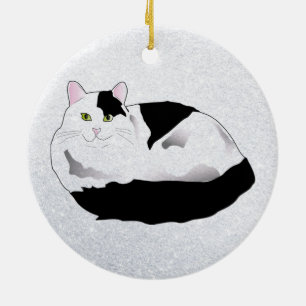 black and white cat ceramic ornament