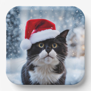 Black and white cat Christmas Paper Plate
