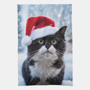 Black and white cat Christmas Tea Towel