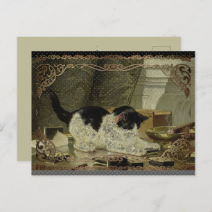 Black and White Cat Cigar Oil Bronze Border Holiday Postcard