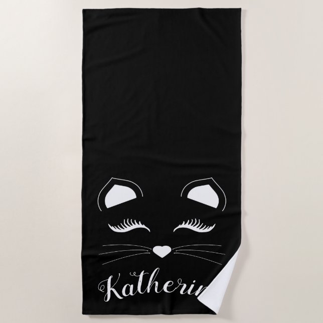 Black and White Cat Face Beach Towel (Front)