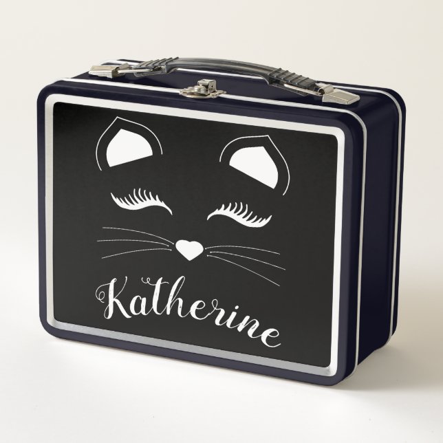 Black and White Cat Face Metal Lunch Box (Front)