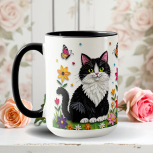 Black and White Cat, Flowers and Butterflies   Mug