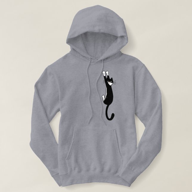 Black and White Cat Hanging On | Funny Tuxedo Cat Hoodie (Design Front)