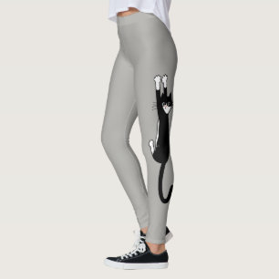 Black and White Cat Hanging On   Funny Tuxedo Cat Leggings