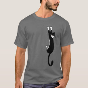 Black and White Cat Hanging On   Funny Tuxedo Cat T-Shirt