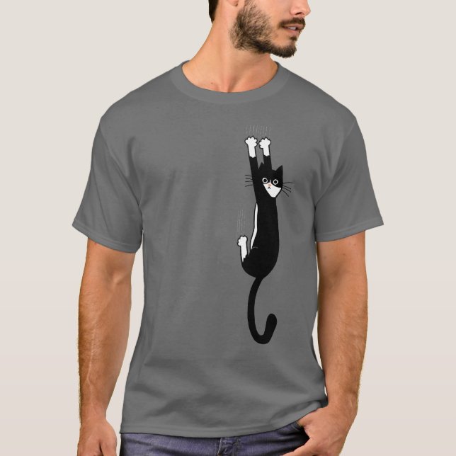 Black and White Cat Hanging On | Funny Tuxedo Cat T-Shirt (Front)