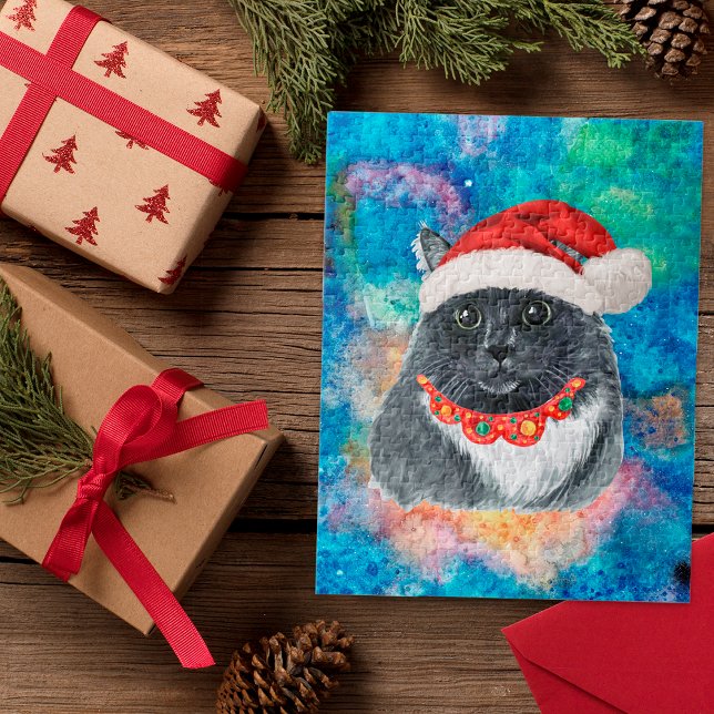 Black and White Cat Holiday Christmas Presents Jigsaw Puzzle (Creator Uploaded)