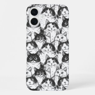 Black and White Cat Illustration iPhone 16 Plus Case