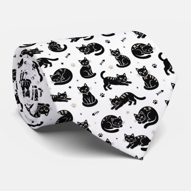 Black and White Cat Illustrations Tie (Rolled)