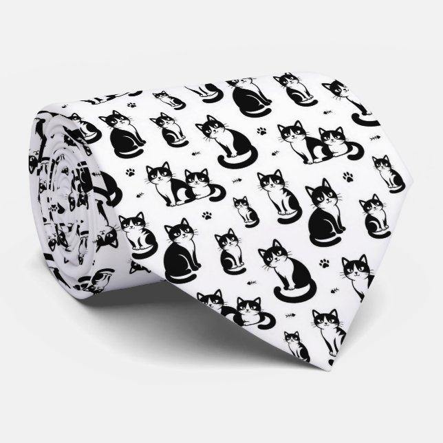 Black and White Cat Illustrations Tie (Rolled)
