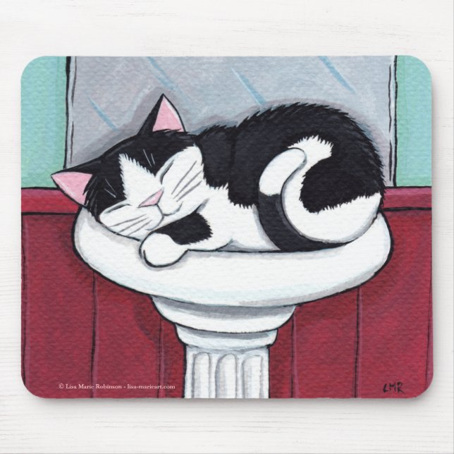 Black and White Cat in Bathroom Sink - Cat Art Mouse Pad (Front)