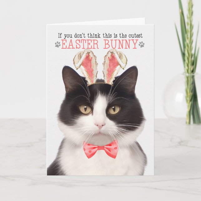 Black and White Cat in Bunny Ears for Easter Holiday Card (Front)