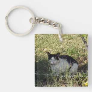 Black And White Cat In The Garden, Key Ring