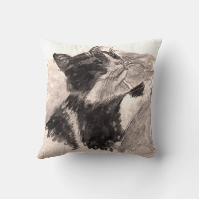 Black and White Cat Kikko SF Pencil Drawing Cushion (Back)