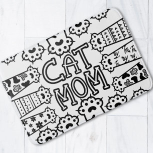 Black and white cat mom with cat paws bath mat