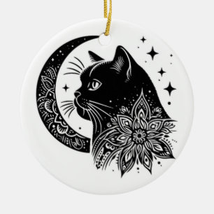 Black and White Cat Moon Window Suncatcher Ceramic Ornament