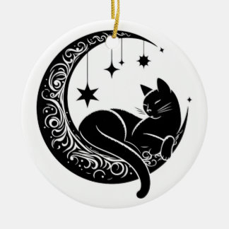 Black and White Cat Moon Window Suncatcher Ceramic Ornament