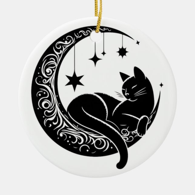 Black and White Cat Moon Window Suncatcher Ceramic Ornament (Front)