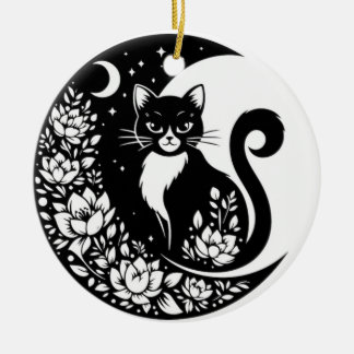 Black and White Cat Moon Window Suncatcher Ceramic Ornament