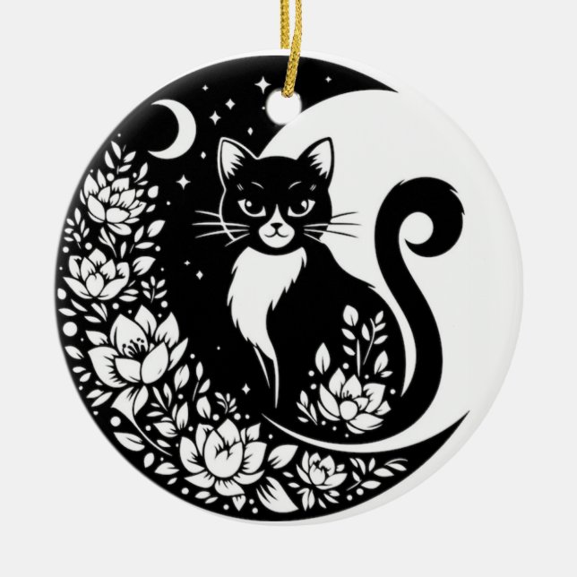 Black and White Cat Moon Window Suncatcher Ceramic Ornament (Front)