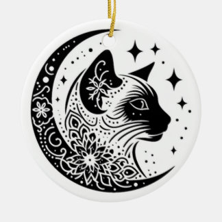 Black and White Cat Moon Window Suncatcher Ceramic Ornament